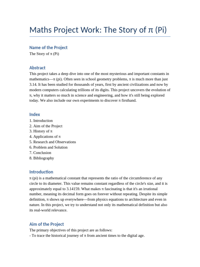 The Story of π: A Class 9 Project | PDF | Pi | Numbers