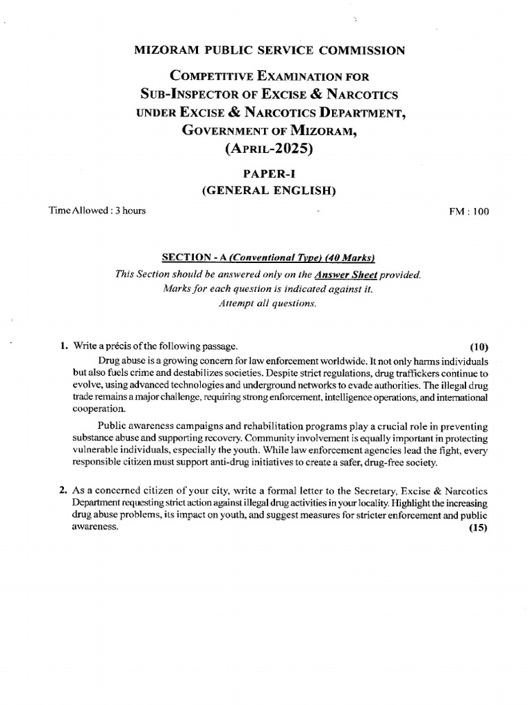 Sub Inspector of Excise General English Paper I April 2025 | PDF