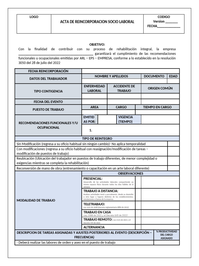 Acta de Reincorporación Laboral 2023 | PDF