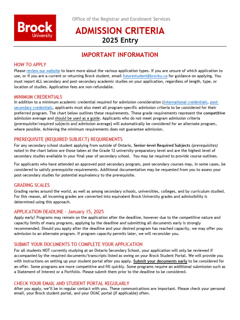 Brock University Admission Criteria 2025 | PDF | University And College ...