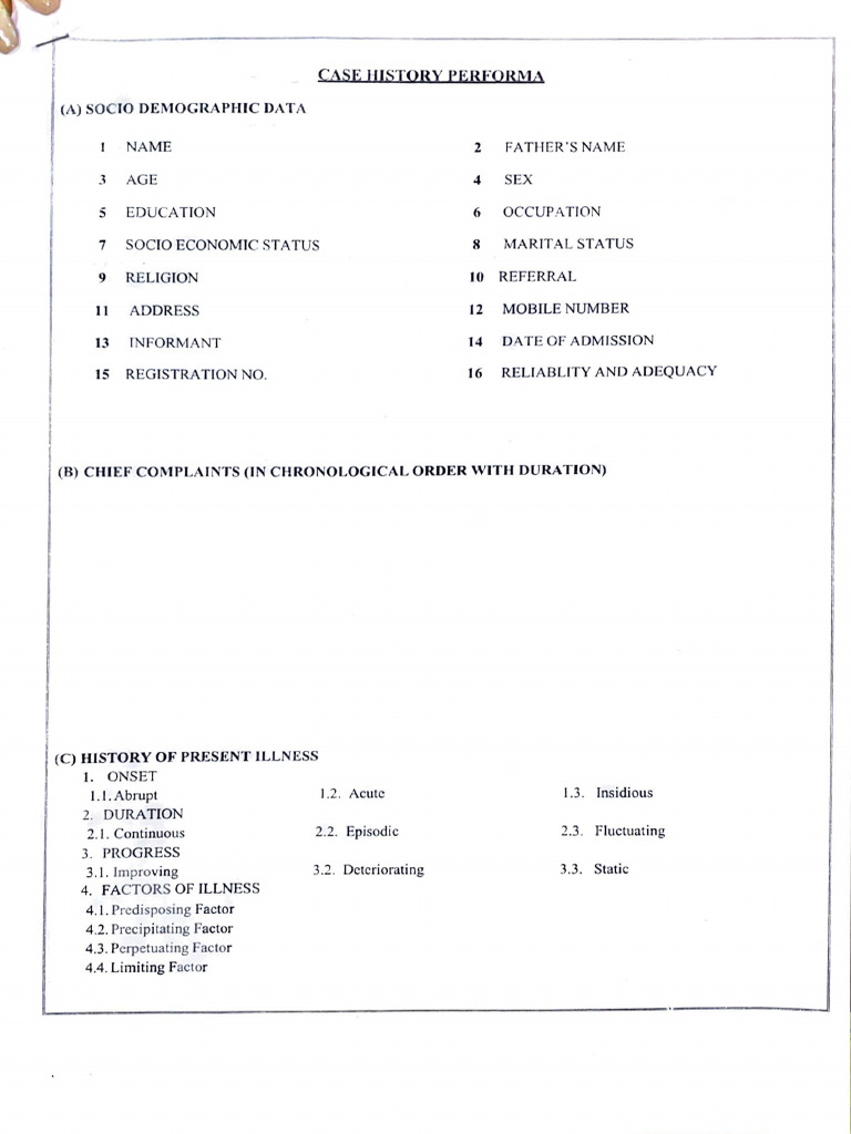 NIMHANS Case History Template | PDF | Mental Disorder | Diseases And ...