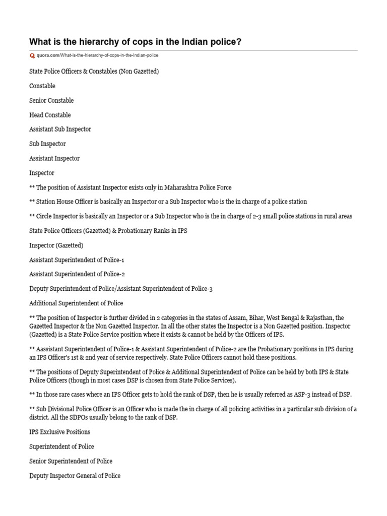 Hierarchy of Cops in The Indian Police - Quora | PDF | Inspector ...