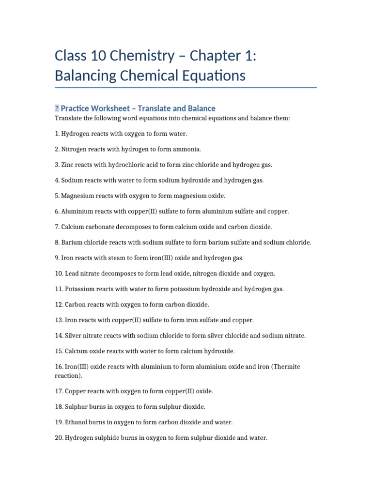 Balancing Chemical Equations Worksheet | PDF | Oxide | Hydroxide