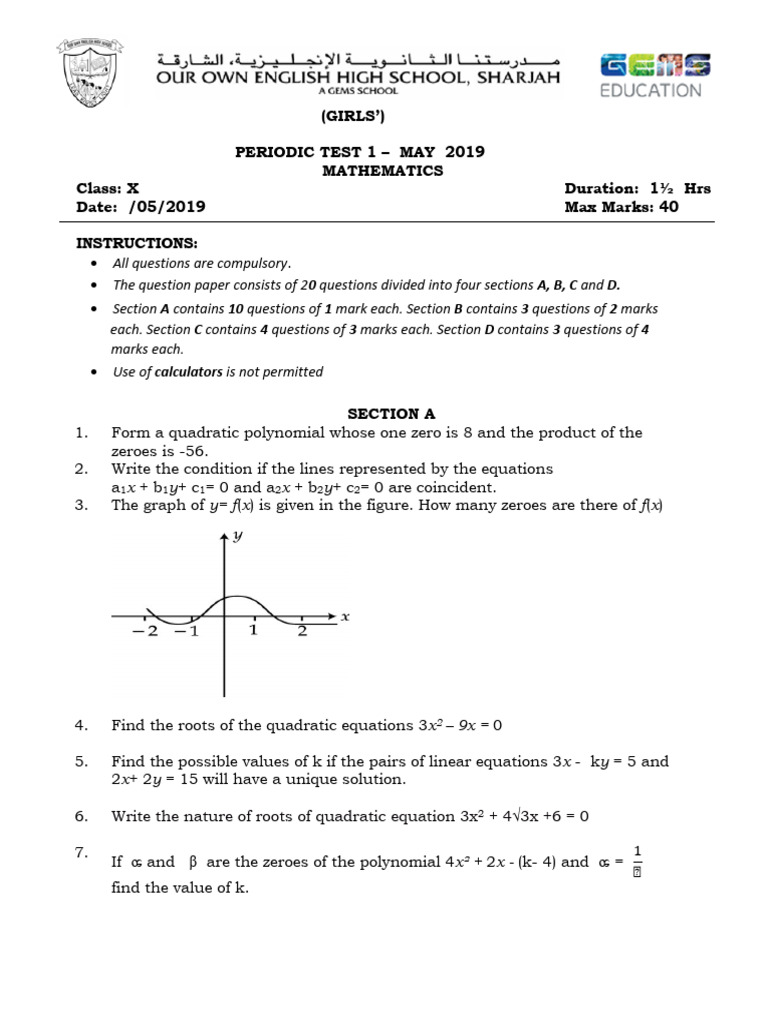 Class X Mathematics Periodic Test 2019 | PDF | Zero Of A Function ...