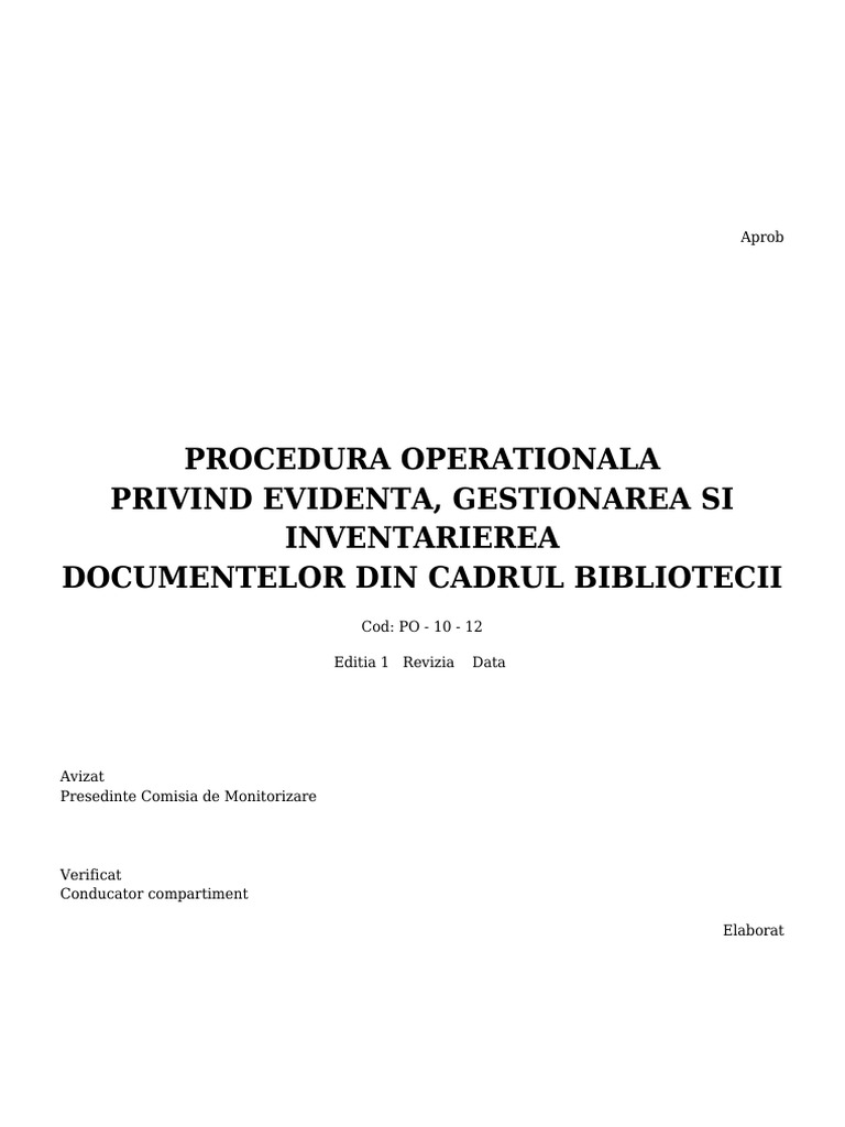 Procedura Operationala Evidenta Gestionare Inventariere Documente ...