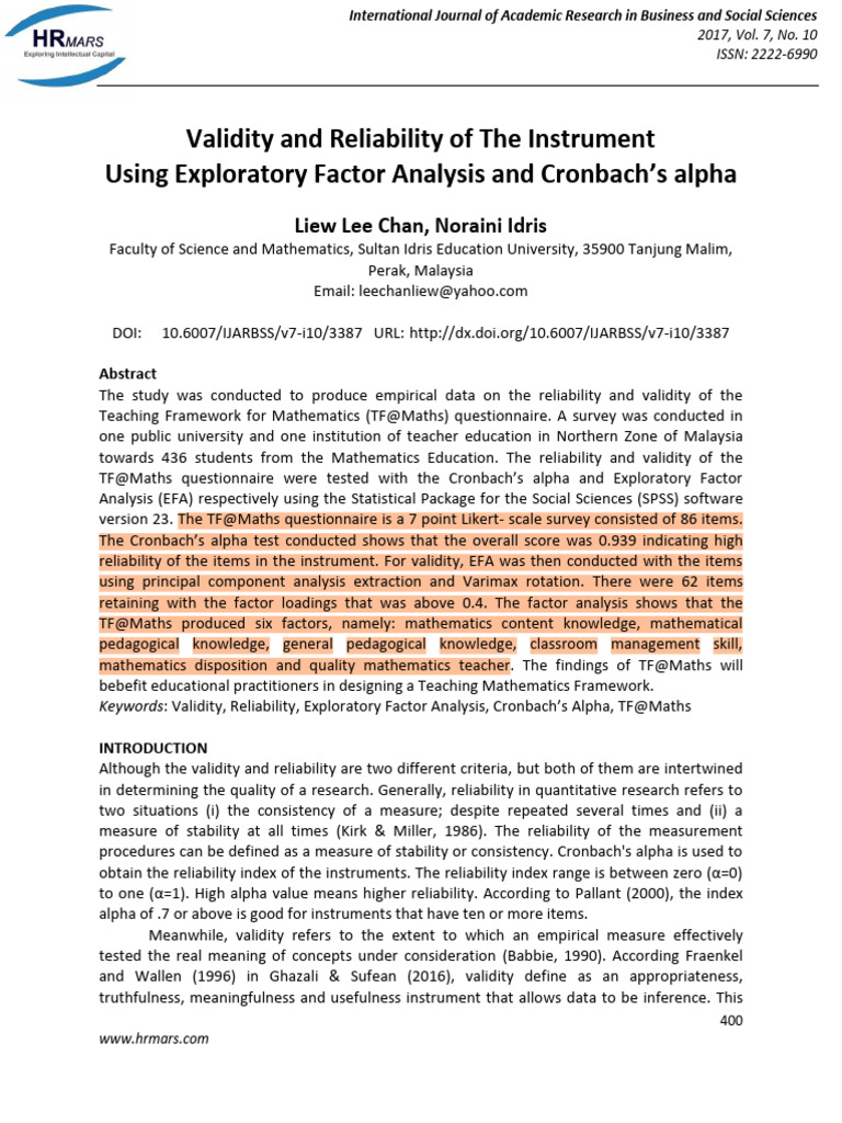 Validity and Reliability of The Instrument | PDF | Factor Analysis ...