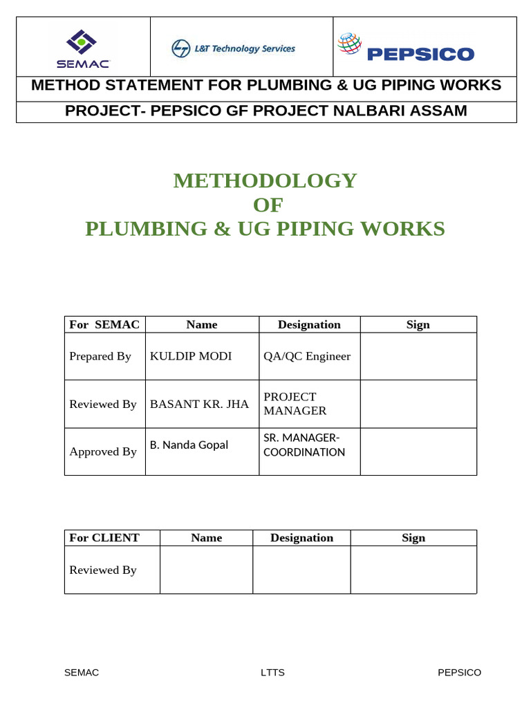Method Statement For Plumbing & Ug Piping Works | PDF | Pipe (Fluid ...