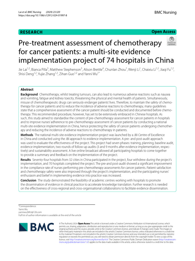 Pre-Treatment Assessment of Chemotherapy For Cancer Patients A Multi ...