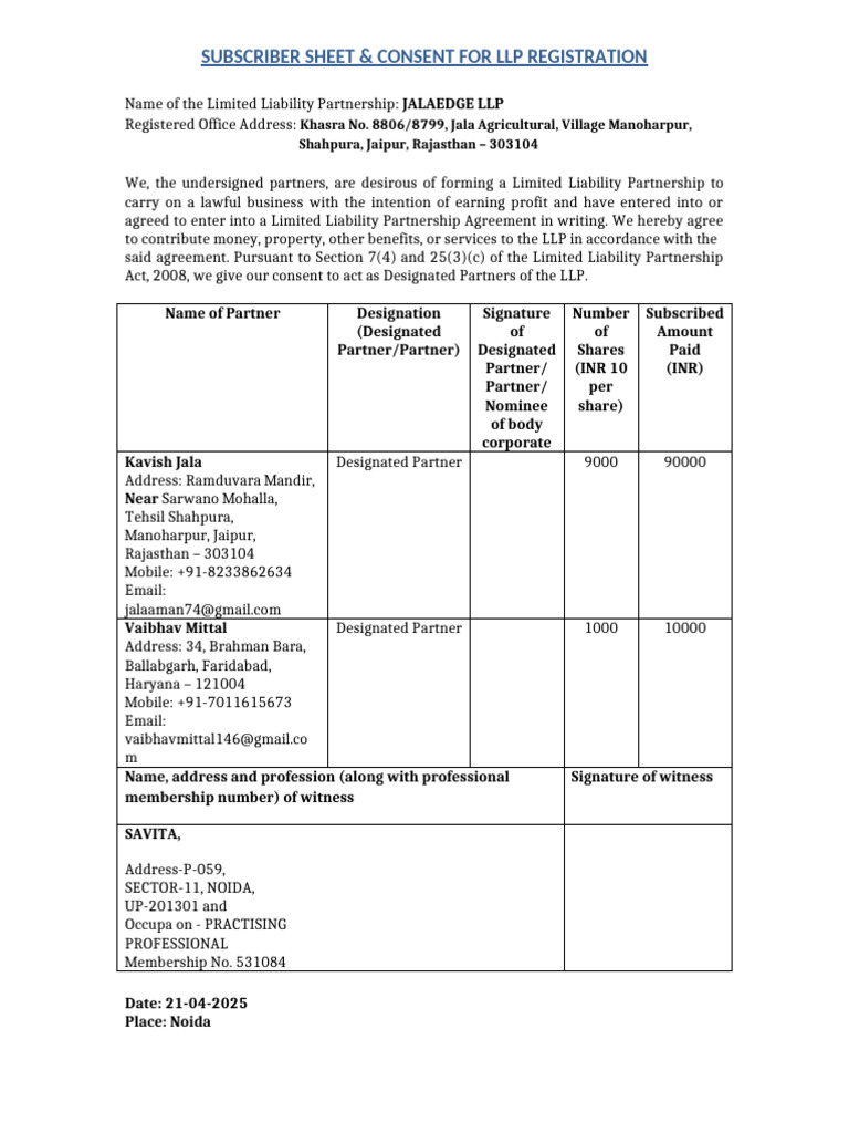 LLP Subscriber Sheet and Consent Form | PDF
