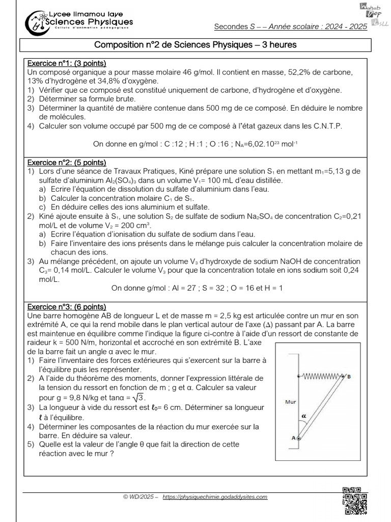 Examen de Sciences Physiques 2024-2025 | PDF | Ion | Concentration molaire