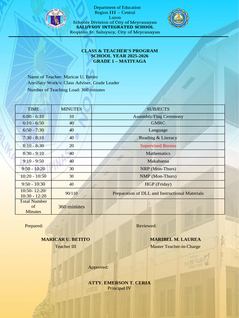 Grade 1 Class Program 2025-2026 | PDF | Learning | Applied Linguistics