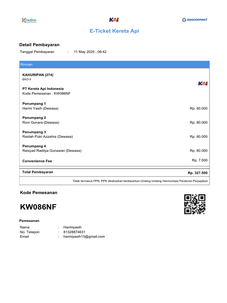 Rincian E-Ticket Kereta Api KAHURIPAN 274 | PDF