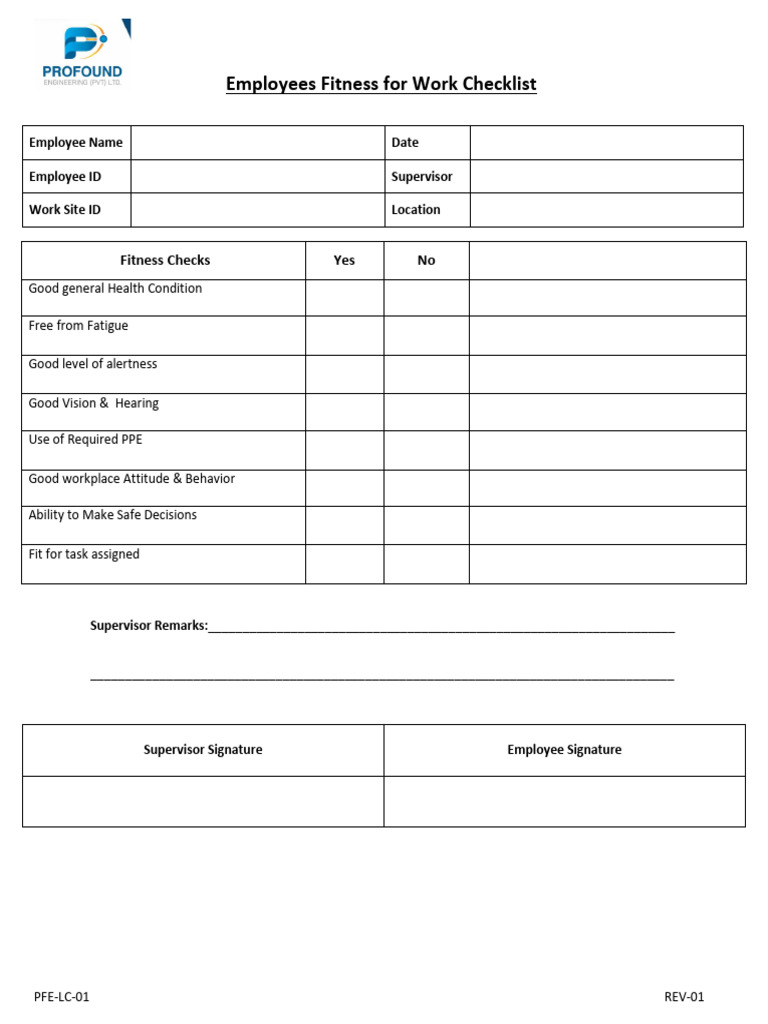 Fitness for Work Assessment Checklist | PDF