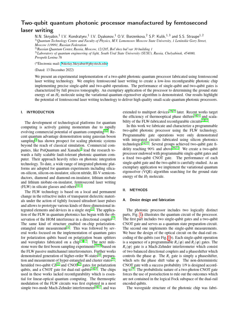 2023 - Two-Qubit Quantum Photonic Processor Manufactured by FLW | PDF ...