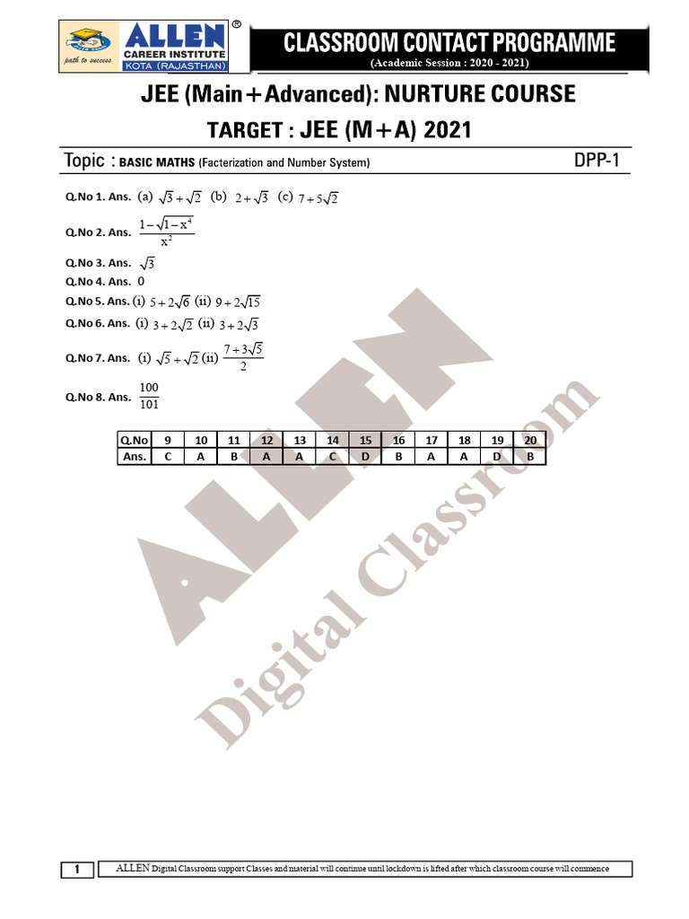 Maths DPP 1 Basic Maths 09-02-2020 Answer Key | PDF