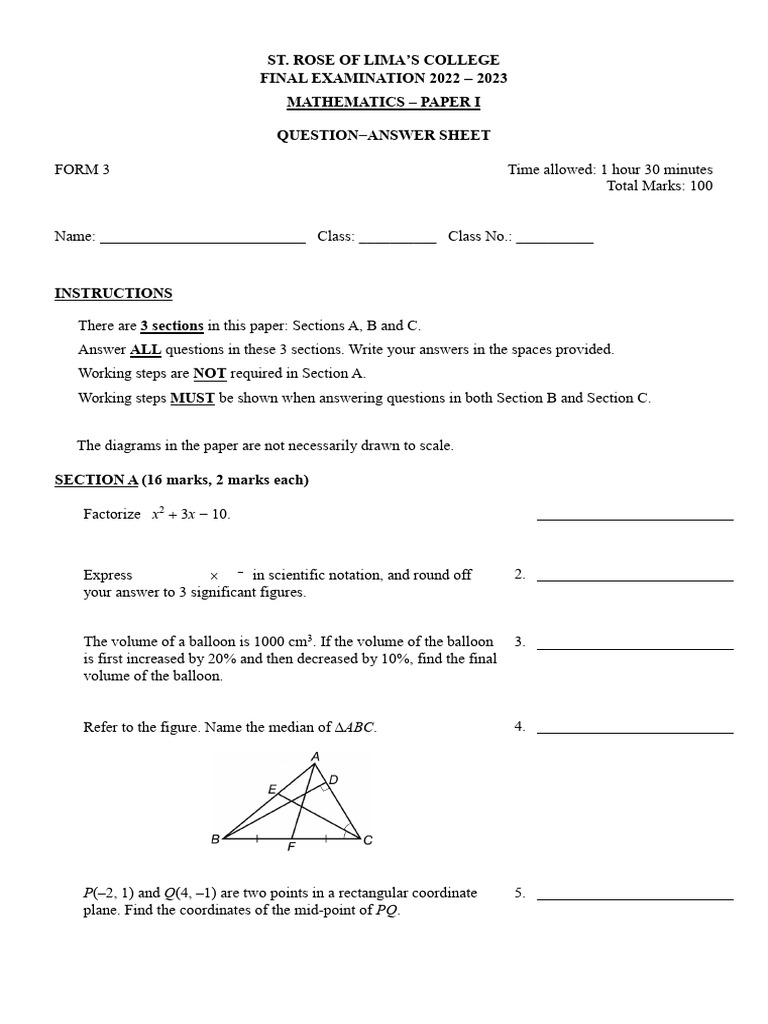 2022-2023 Form 3 Mathematics Paper 1 Final | PDF | Area | Euclidean Geometry