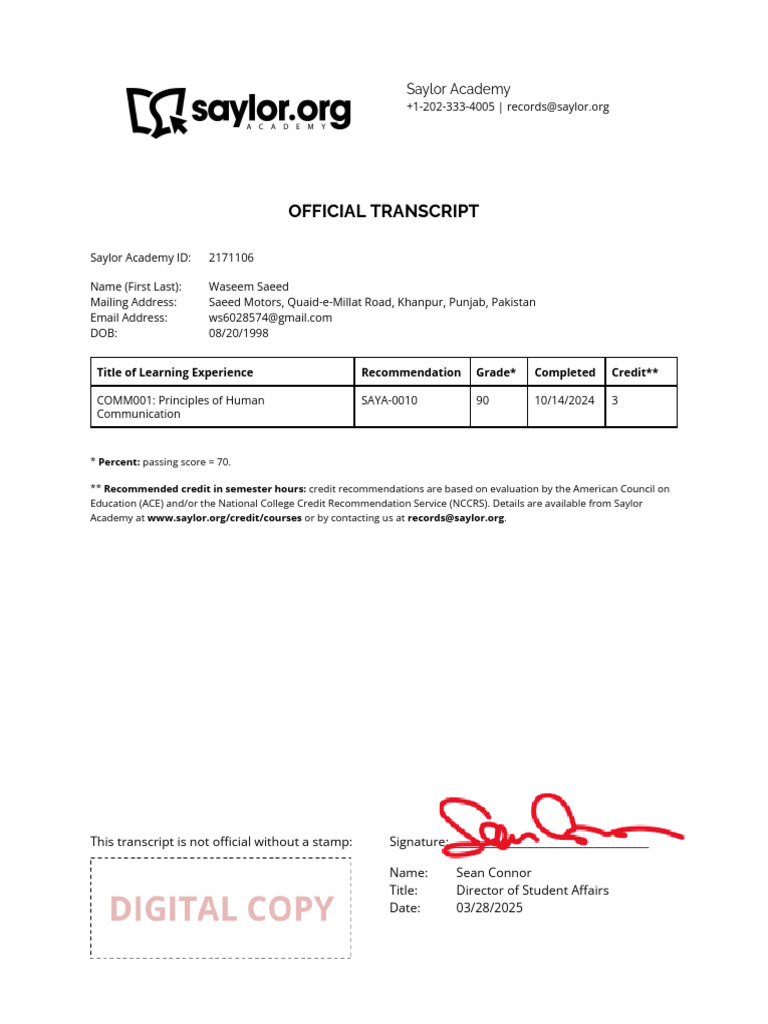 Saylor Academy Official Transcript | PDF