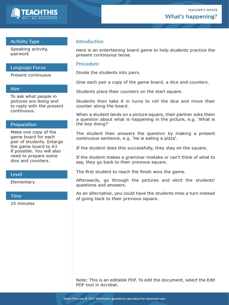 Present Continuous Board Game Activity | PDF | Question | English As A ...