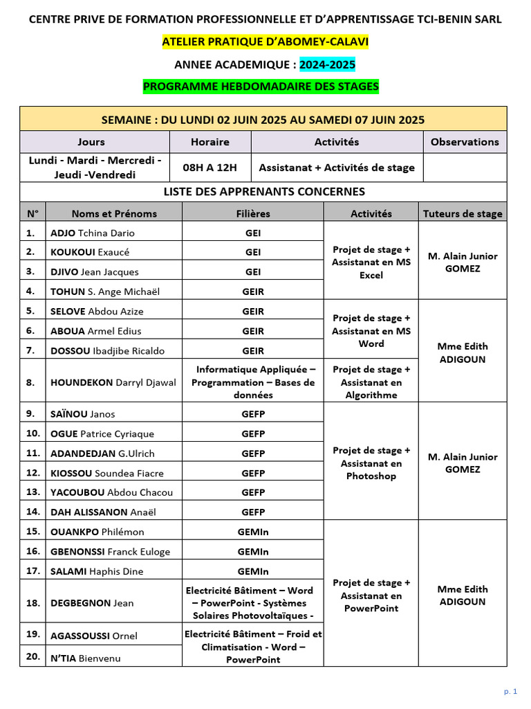 Programme de stages TCI-Bénin 2025 | PDF | Théorie (échecs) | Ouverture ...