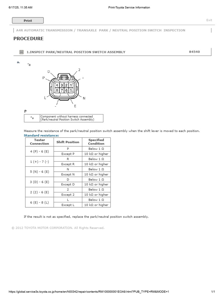 Toyota A4R Transmission Switch Inspection | PDF