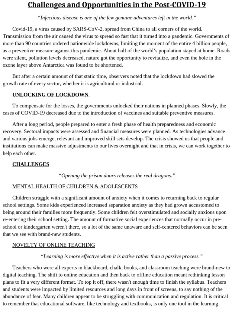 Post-COVID-19: Challenges and Opportunities | PDF | Chronic Condition ...