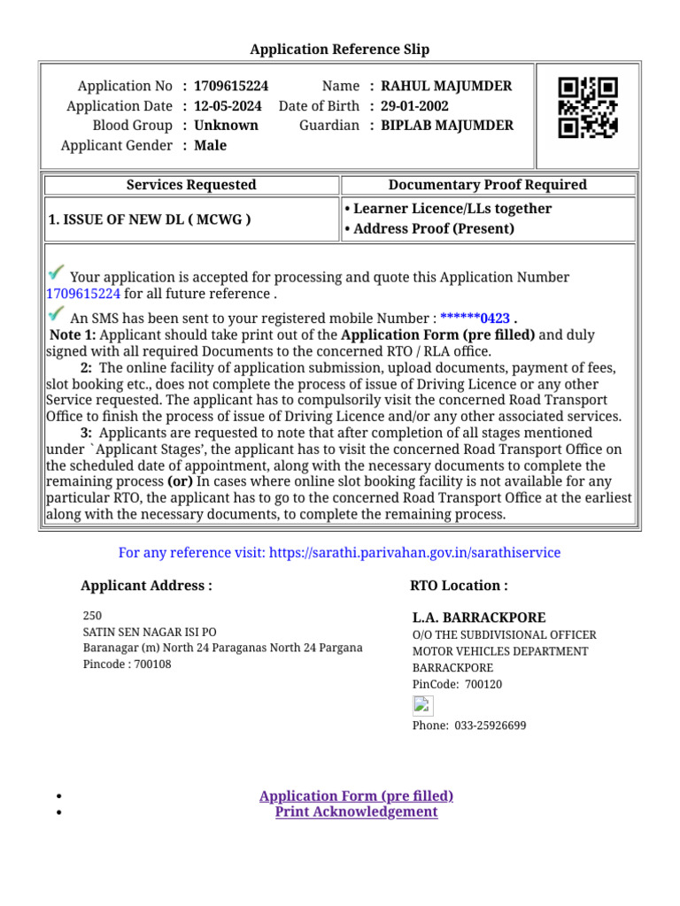Rahul Majumder's DL Application Slip | PDF | Transport Safety | Vehicle ...