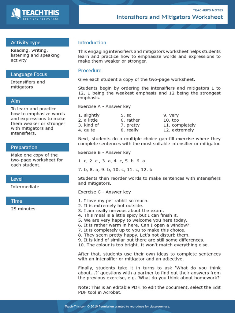 Intensifiers and Mitigators Worksheet - Intermediate (B1) | PDF