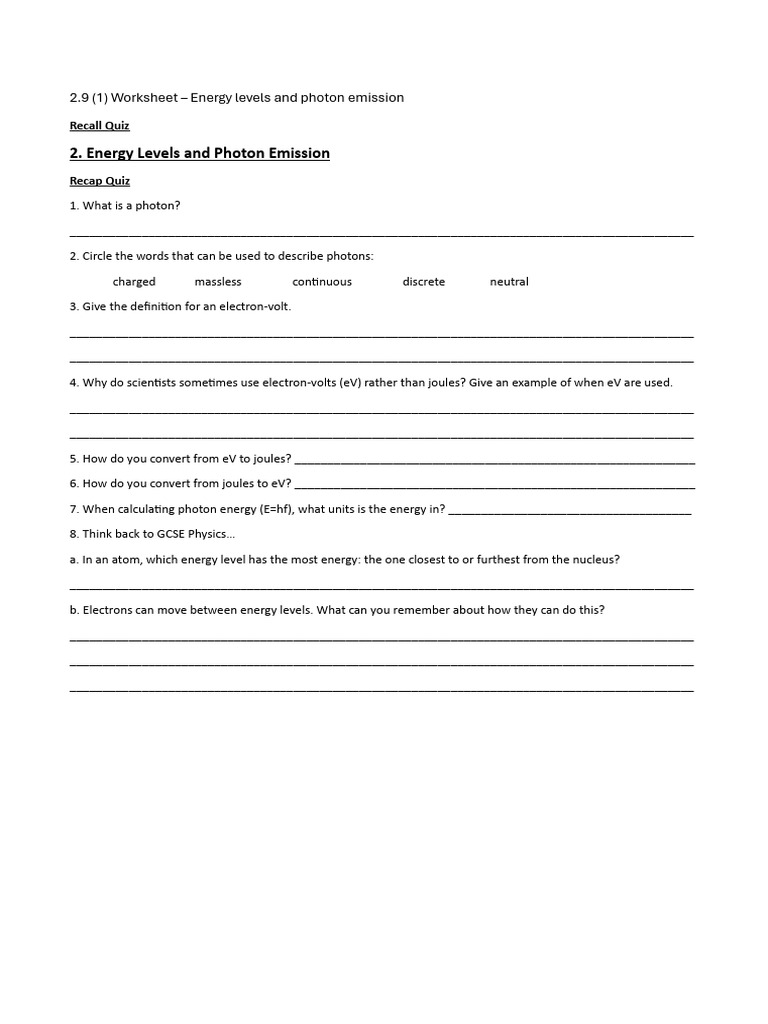 Energy Levels & Photon Emission Worksheet | PDF | Energy Level | Atoms