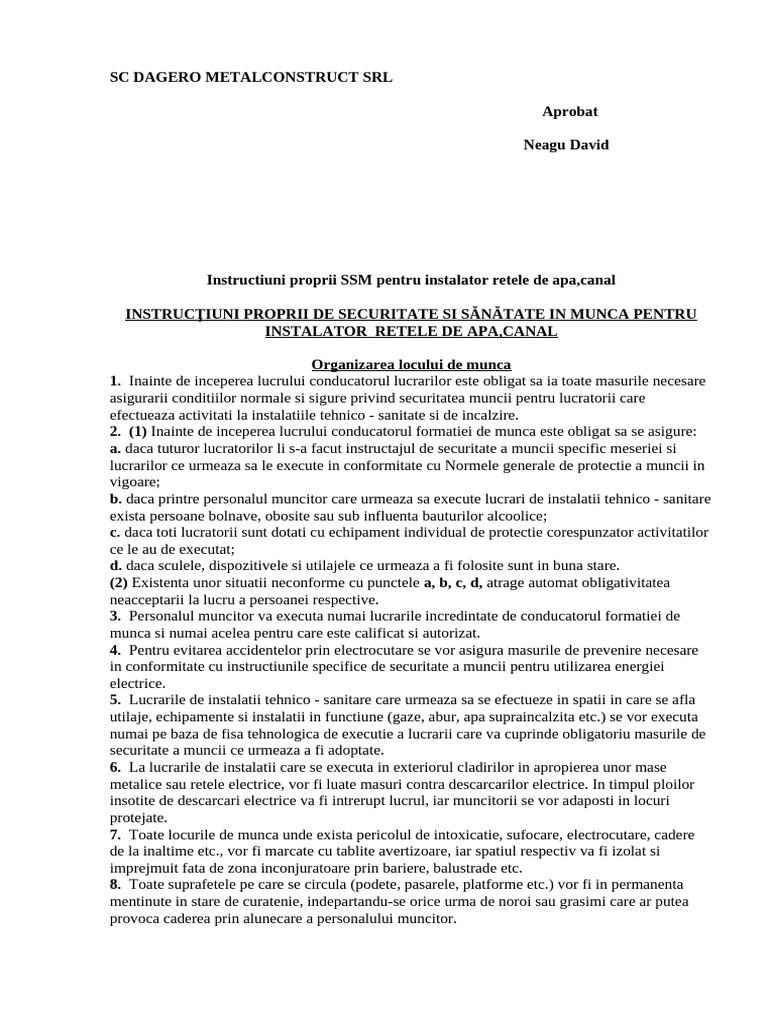 Instructiuni Proprii SSM Pentru Instalator Apa, Canal | PDF
