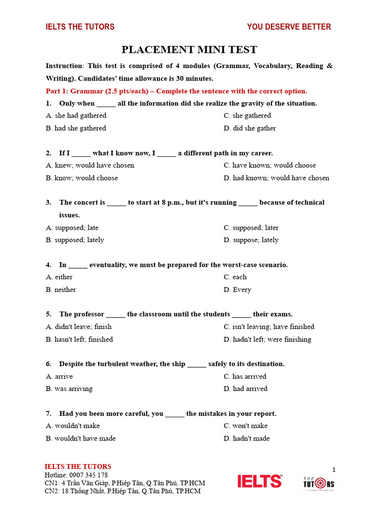 IELTS Placement Mini Test Guide | PDF