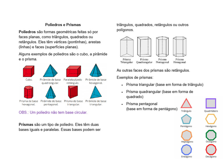 Poliedros e Prismas: Definições e Exemplos | PDF
