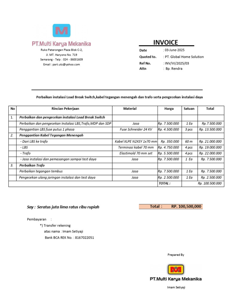 Invoice Perbaikan Instalasi Listrik Semarang | PDF