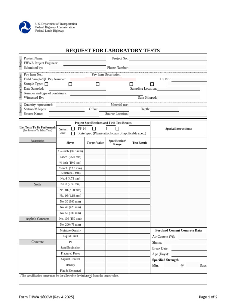 FHWA 1600W Laboratory Test Request Form | PDF | Concrete | Materials