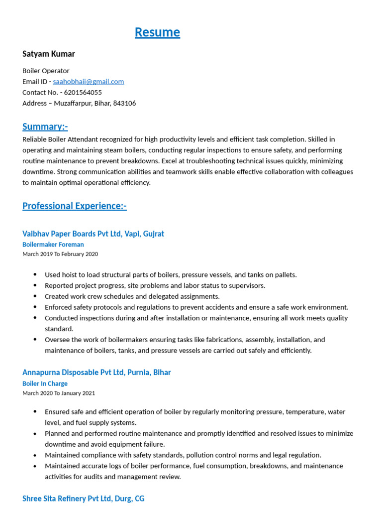 Boiler Operator Resume of Satyam Kumar | PDF | Boiler