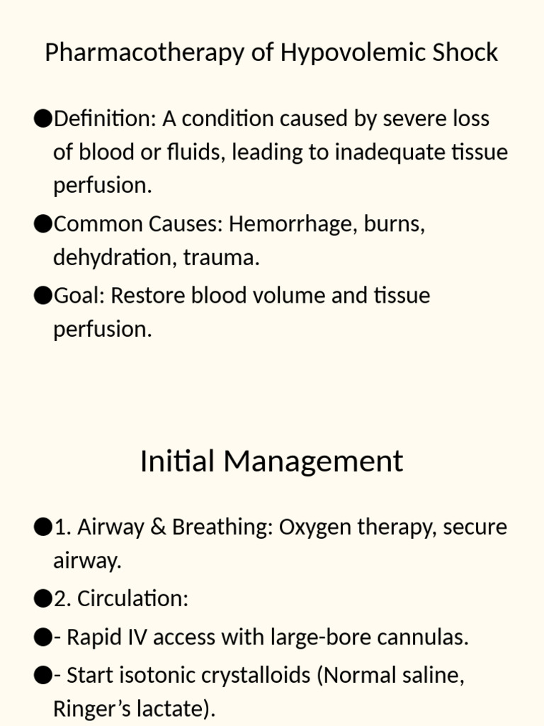 Pharmacotherapy Hypovolemic Shock | PDF