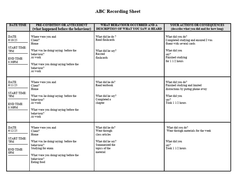 ABC Behavior Recording Sheet | PDF