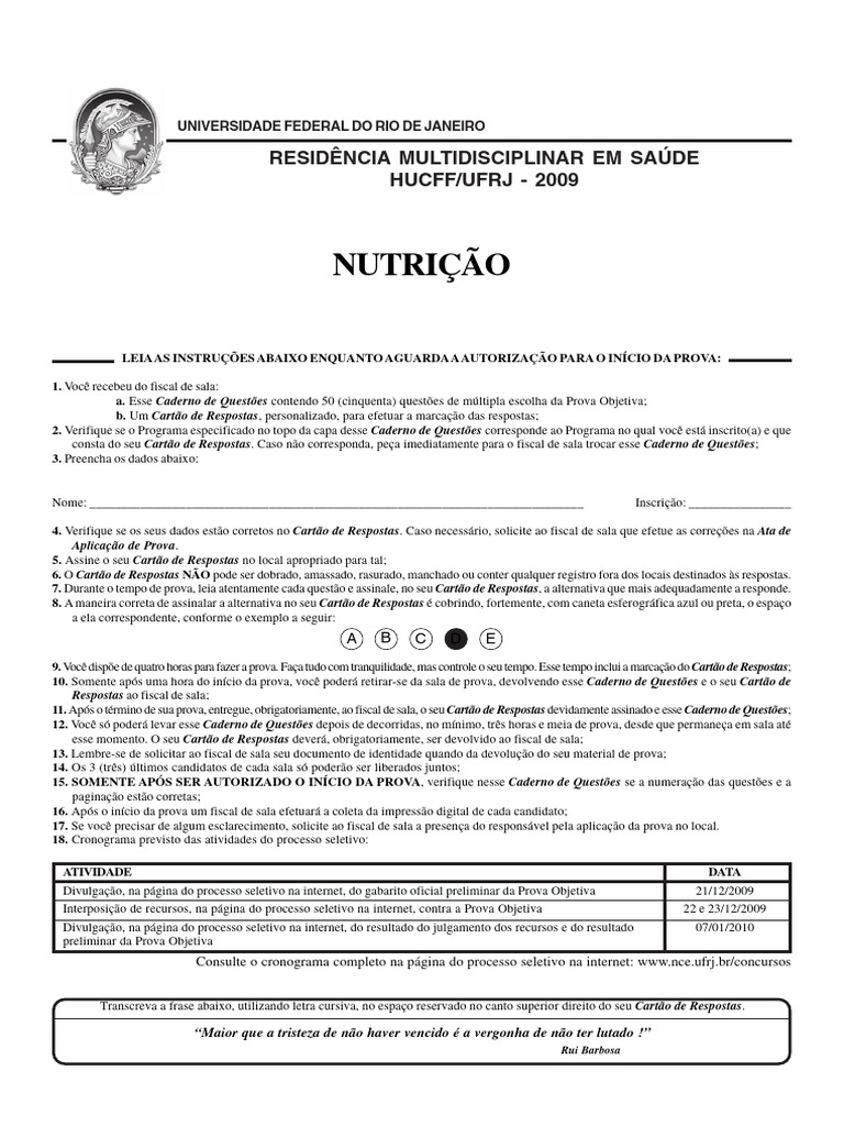 1prova Nutrição Residencia Ufrj 2010 | PDF | Proteínas | Vitamina B12