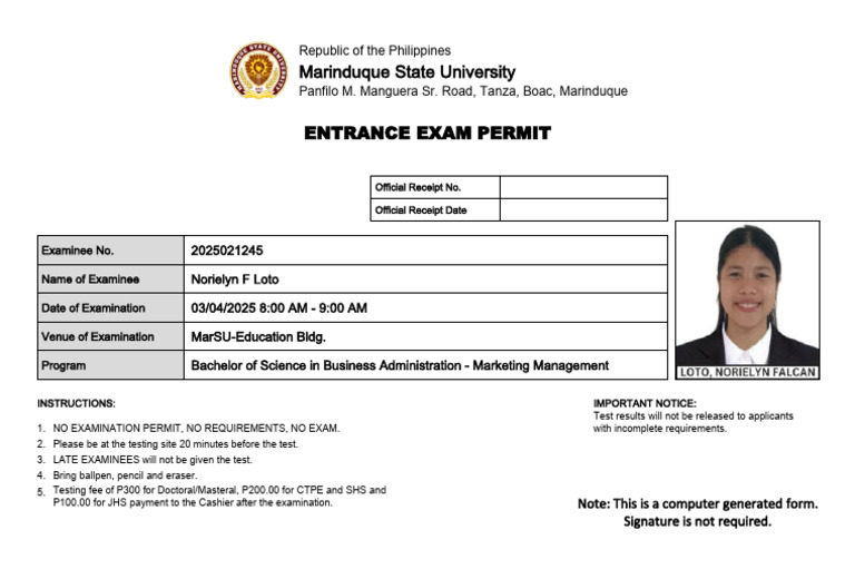 Marinduque State University Exam Permit | PDF
