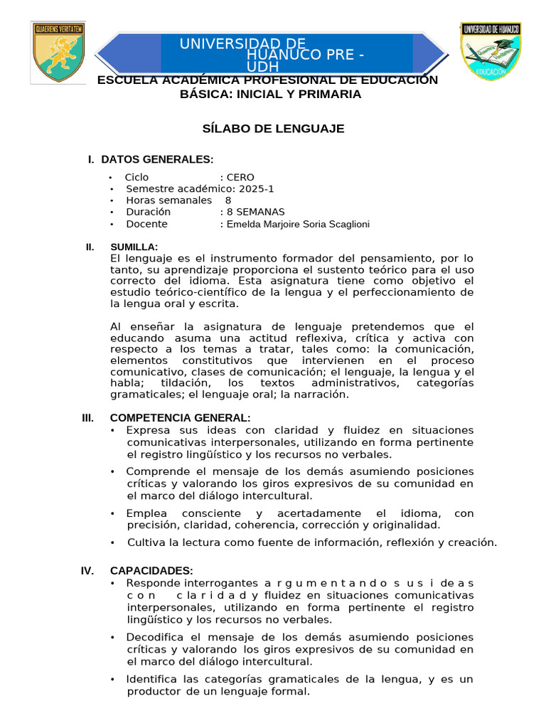 Sílabo de Lenguaje 2025-1 en Educación | PDF | Comunicación | Palabra