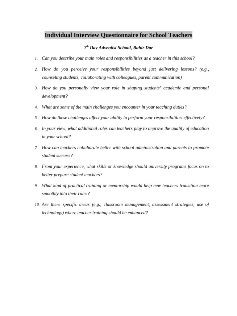 Teacher Interview Questions for SDA Schools | PDF
