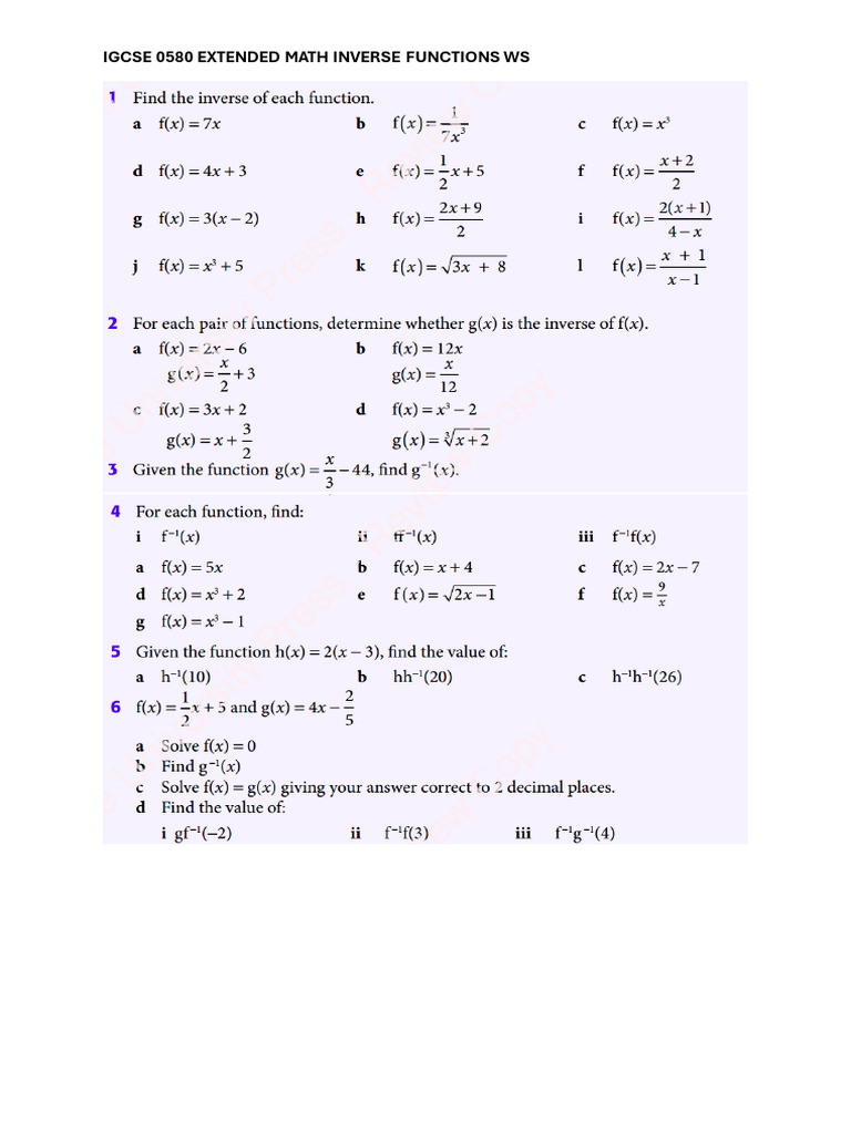 Igcse 0580 Extended Math Inverse Functions Ws | PDF