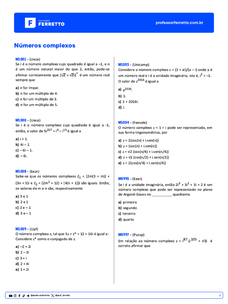 Exercícios sobre Números Complexos | PDF | Número complexo | Números