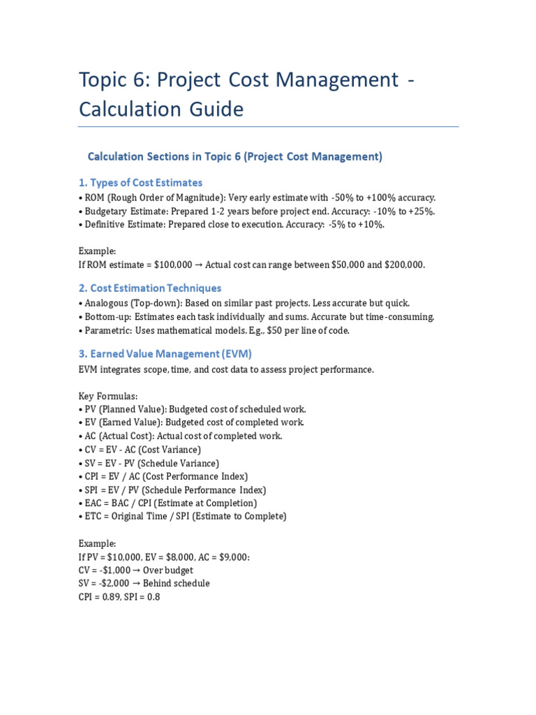 Project Cost Management Calculation Guide | PDF