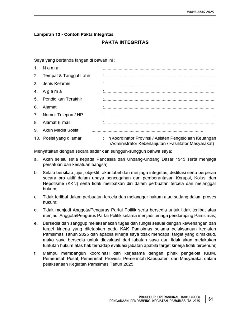 Pakta Integritas Pamsimas 2025 | PDF