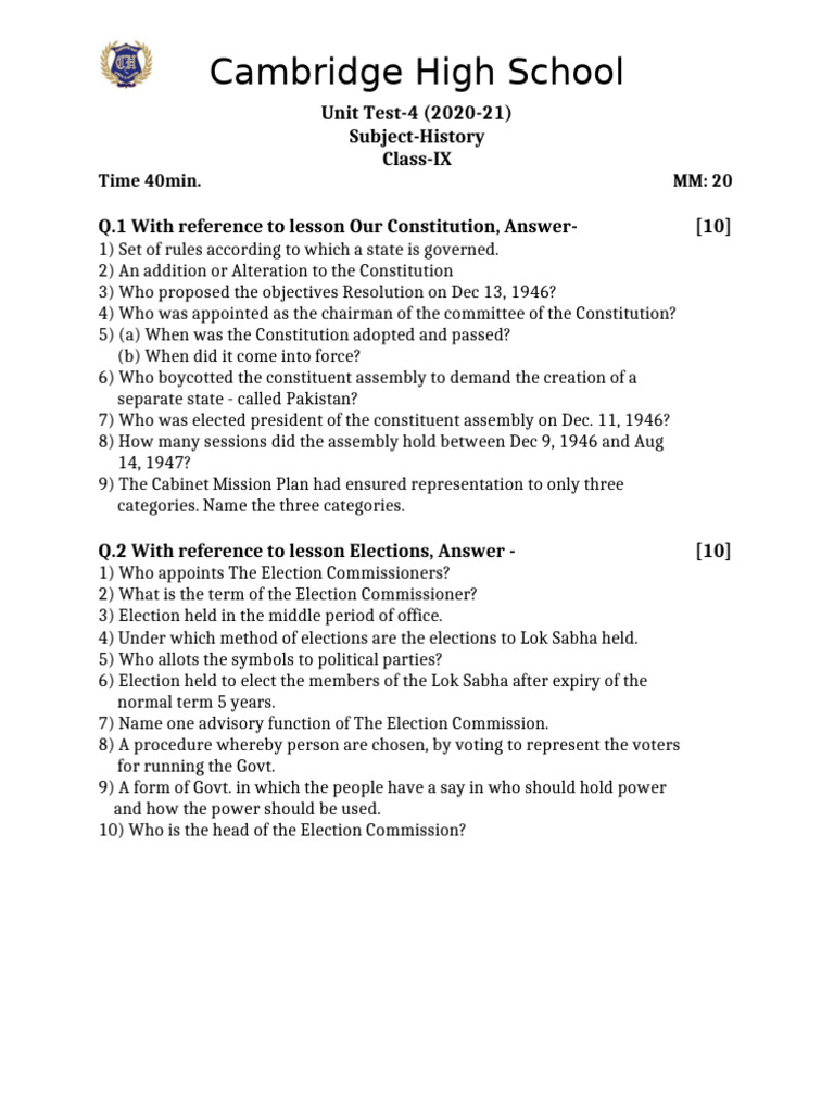 Class IX History Test 4 810 | PDF