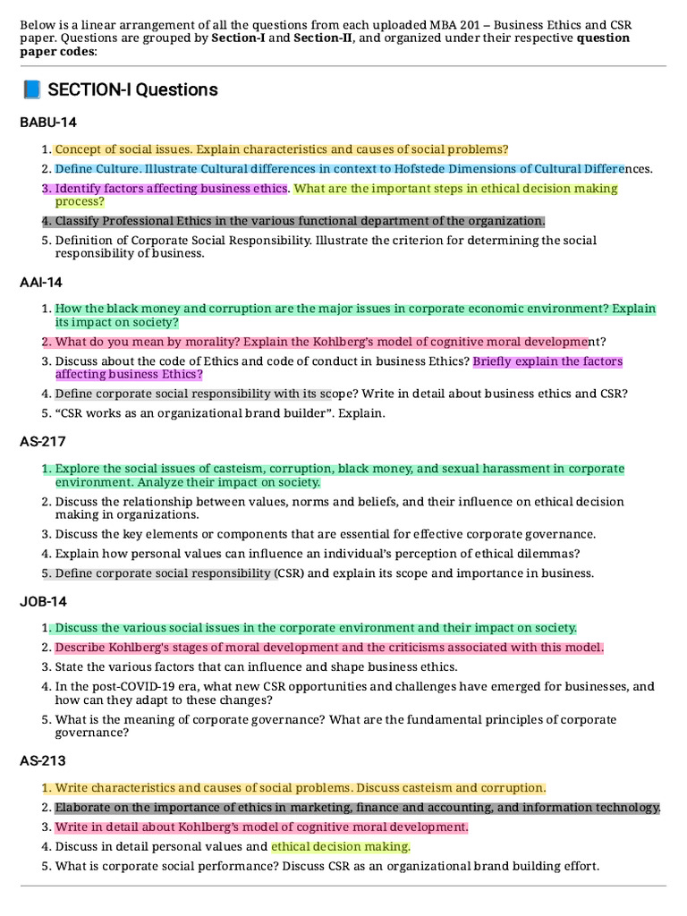 MBA Business Ethics & CSR Questions Guide | PDF | Corporate Social ...