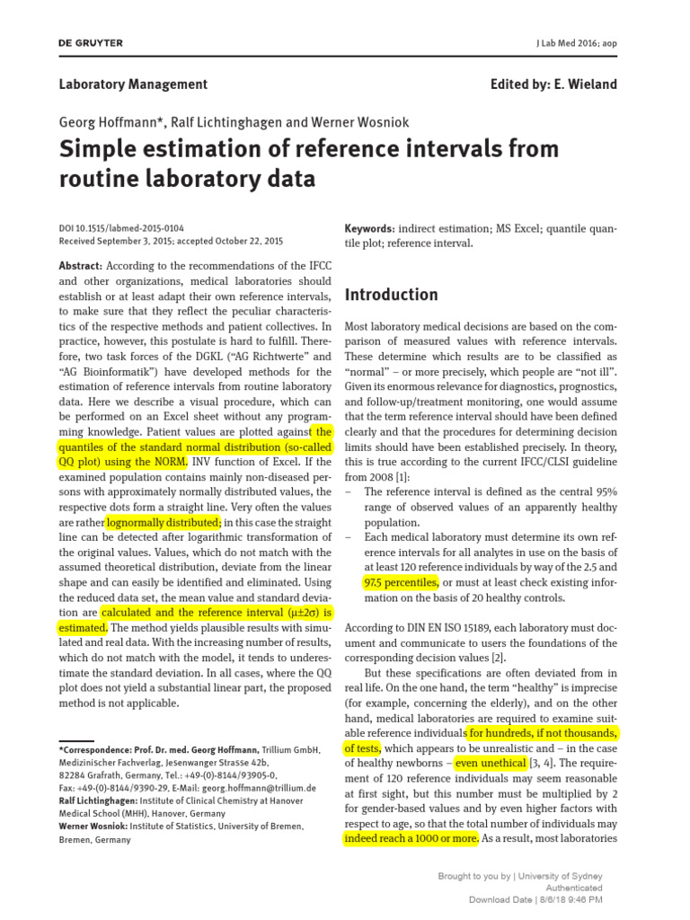 Estimating Reference Intervals in Excel | PDF | Normal Distribution ...