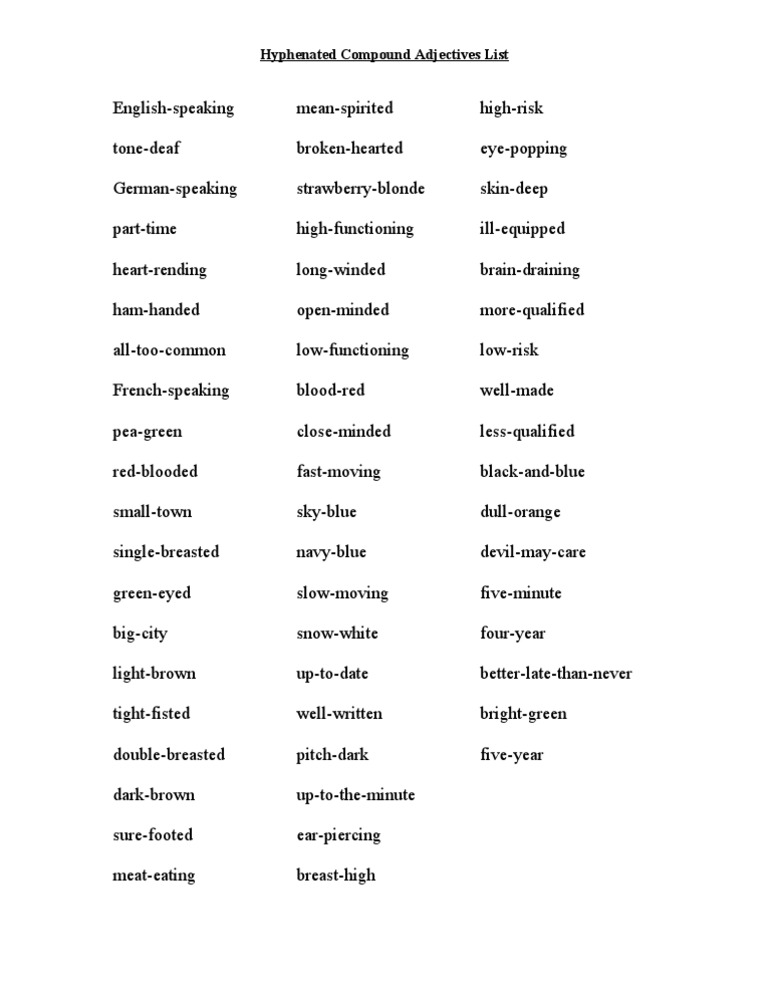 Hyphenated Compound Adjectives List PDF