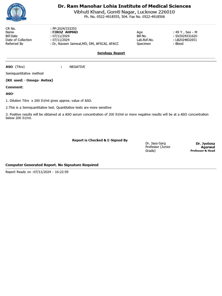ASO Titer Test Results for Firoz Ahmad | PDF