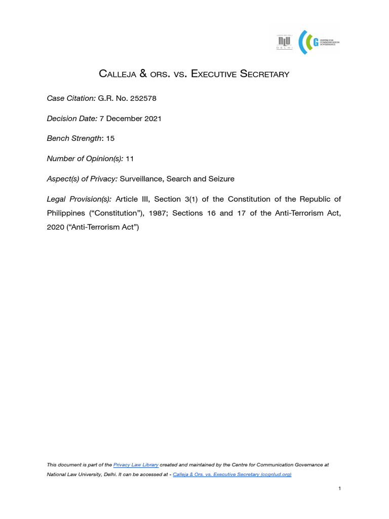 Calleja and Ors Vs Executive Secretary 5 | PDF | Privacy | Right To Privacy